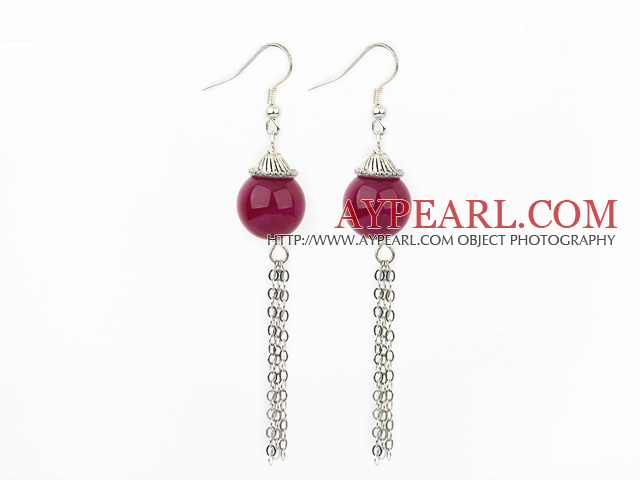 Lovely Red Agate Cap Charm Long Link Chains Dangle Earrings With Fish Hook 