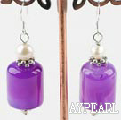 Lovely White Freshwater Pearl And Purple Cylinder Shape Agate Dangle Earrings