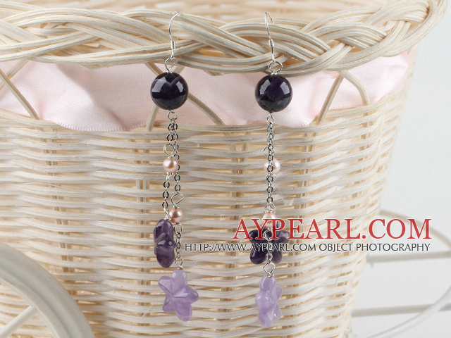 Long Style Pink Freshwater Pearl And Star Shape Amethyst Loop Chain Dangle Earrings