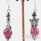 long style butterfly charm black pearl and pink agate earrings