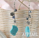 Wholesale Long Style Black Freshwater Pearl And Blue Turquoise Dangle Earrings