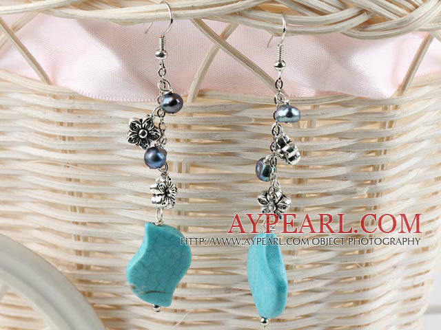 Long Style Black Freshwater Pearl And Blue Turquoise Dangle Earrings