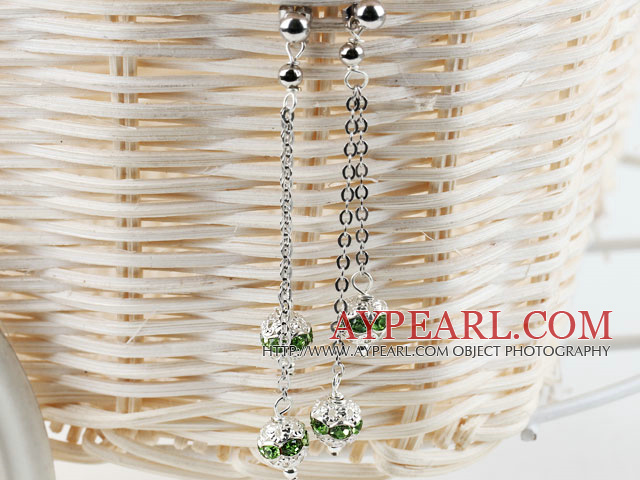 dangling style green rhinestone long earrings