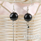 flashy 12mm black agate ball long earrings