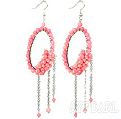 Fashion Style Pink Coral Long Dangle Tassel Earrings with Big Hoop