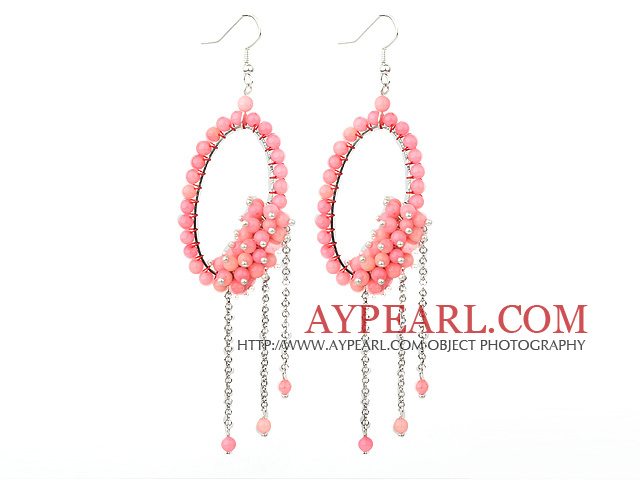 Fashion Style Pink Coral Long Dangle Tassel Earrings with Big Hoop