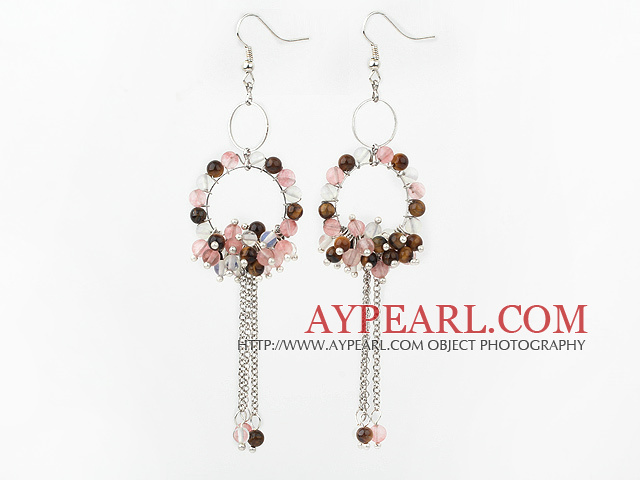 Fashion Style Cherry Quartz and Tiger Eye and Opal Long Dangle Tassel Earrings with Big Hoop