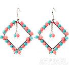 Fashion Style Rhombus Shape Faceted Turquoise and Pink Coral Earrings