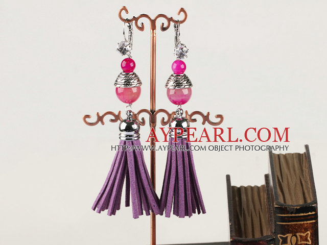 Beautiful Round Pink Agate And Cap Metal Charm Tassel Earrings With Rhinestone Lever Back Hook 