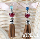 Lovely Red And Blue Round Agate Brown Tassels Dangle Earrings With Ear Hoops