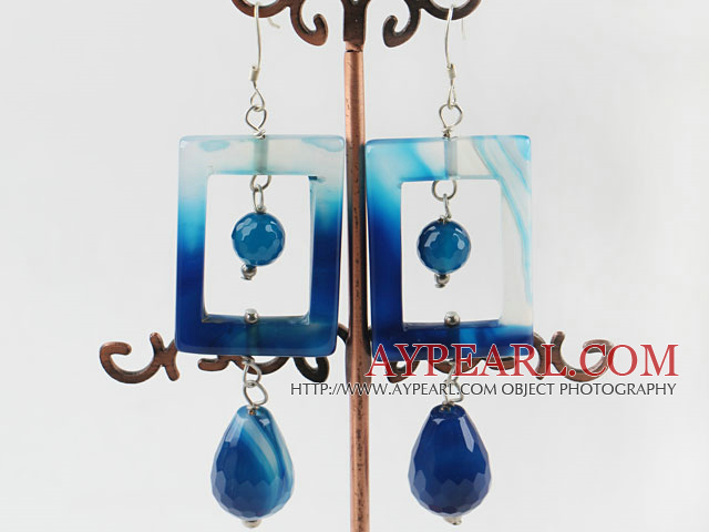 Beautiful Chunky Hollow Rectangle Round And Teardrop Blue Agate Dangle Earrings