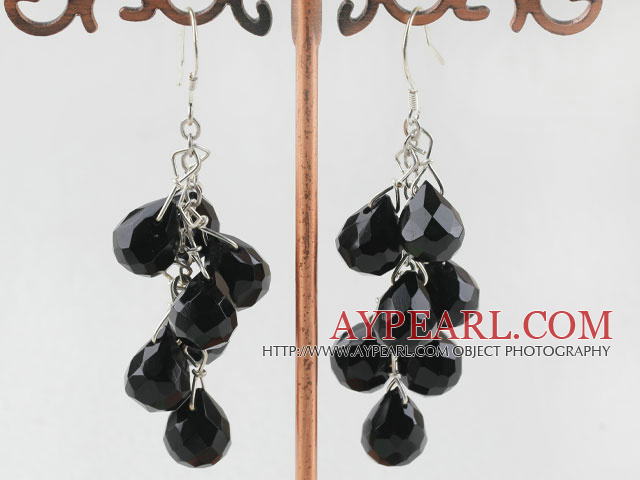 Classic Cluster Style Teardrop Black Crystal Loops Dangle Earrings With Fish Hook