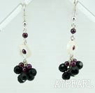 Beautiful Garnet Black Crystal And White Donut Shell Cluster Dangle Earrings With Fish Hook