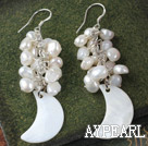 Fashion Cluster White Freshwater Pearl And Moon Shape Shell Dangle Earrings With Fish Hook