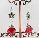 dangling stlye red coral earrings with butterfly charm