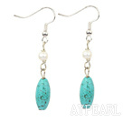 Lovely White Freshwater Pearl And Blue Turquoise Dangle Earrings With Fish Hook
