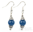 Simple Style Round Blue Agate And Silver Metal Bead Cap Charm Dangle Earrings