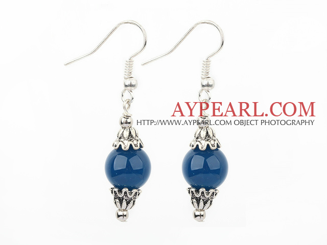 Simple Style Round Blue Agate And Silver Metal Bead Cap Charm Dangle Earrings
