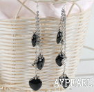 3 strand heart shape black agate dangle long earrings