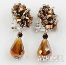 Big Style Amber Color Faceted Drop Crystal Clip Earrings
