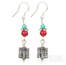 Lovely Short Style Round Blue Turquoise And Bloodstone Square Charm Earrings