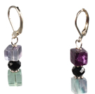 Summer Style Cube Shape Rainbow Fluorite Dangle Earrings With Lever Back Hook