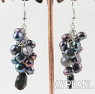 Classic Cluster Style Blackish Grey Freshwater Pearl And Black Teardrop Crystal Dangle Earrings