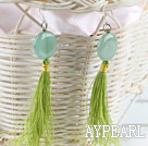 China Style Green Flat Round Aventurine And Long Threaded Tassel Earrings