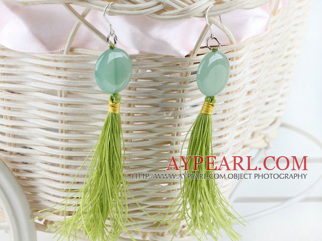 China Style Green Flat Round Aventurine And Long Threaded Tassel Earrings