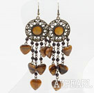 Vintage Style Garnet and Heart Shape Tiger Eye Long Earrings