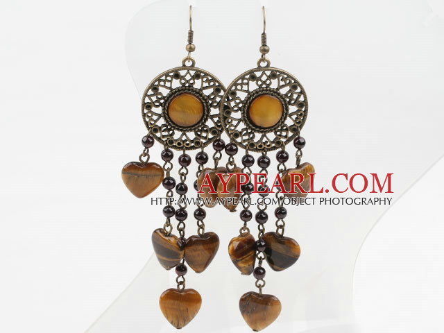 Vintage Style Garnet and Heart Shape Tiger Eye Long Earrings