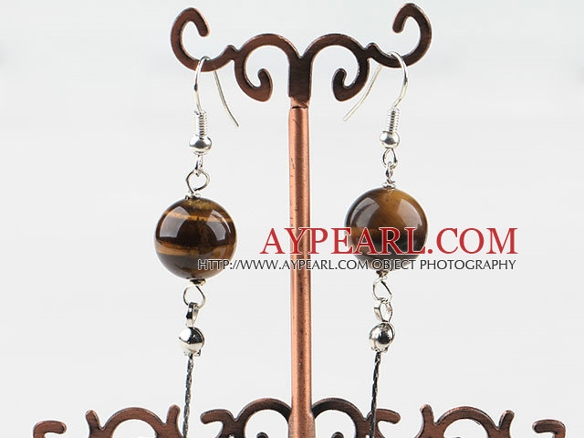 Dangle style round tiger eye earrings with long tail