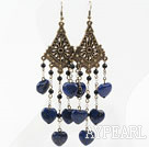 Vintage Style Black Agate and Heart Shape Lapis Long Earrings
