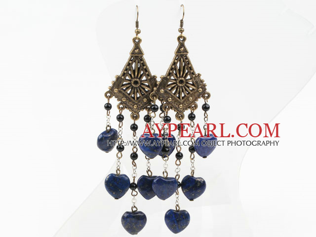 Vintage Style Black Agate and Heart Shape Lapis Long Earrings