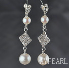 Dangle Style A Grade Freshwater Pearl Stud Earrings with White Rhinestone