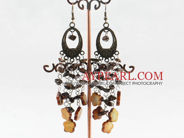 Fashion Long Style Chips Tiger Eye And Golden Brown Flower Shell Dangle Earrings With Loop Brownz Charm