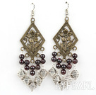 Vintage Garnet Dangle Earrings With Metal Bronze Charm