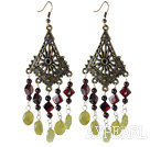 Wholesale Vintage Style Round Cylinder Garnet And Oval Yellow Olive Stone Dangle Earrings With Bronze Charm
