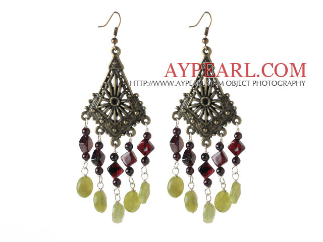 Vintage Style Round Cylinder Garnet And Oval Yellow Olive Stone Dangle Earrings With Bronze Charm