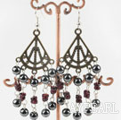 Vintage Abacus Garnet And Hematite Dangle Earrings With Bronze Charm Fish Hook