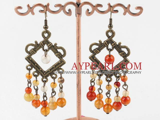 Popular Vintage Style Round Agate Dangle Earrings With Bronze Loop Charm