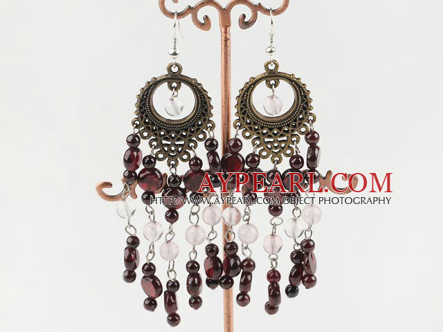 Fashion Long Style Vintage Garnet And Rose Quartz Dangle Earrings With Loop Bronze Charm