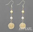pearl and yellow jade carved flower earrings