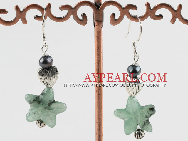black pearl and star shape aventurine earrings with heart charm