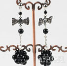 Wholesale dangling black agate stone earrings with butterfly tie shape rhinestone