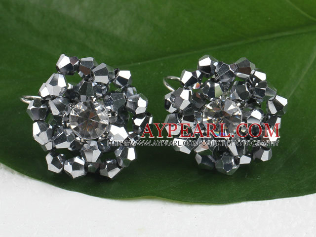Lovely Cluster Style Gray And White Crystal Earrings With Ear Hoops
