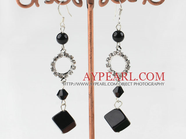 dangling black agate stone earrings with rhinestone