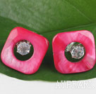 Classci White Rhinestone And Pink Hollow Square Shell Earrings With Ear Hoops 