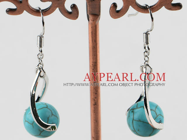 Beautiful Simple Style 10Mm Turquoise Ball Twisted Loop Dangle Earrings With Fish Hook