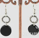 Wholesale Fashion 12Mm Flat Round Black Agate And Loops Metal Charm Dangle Earrings With Fish Hook